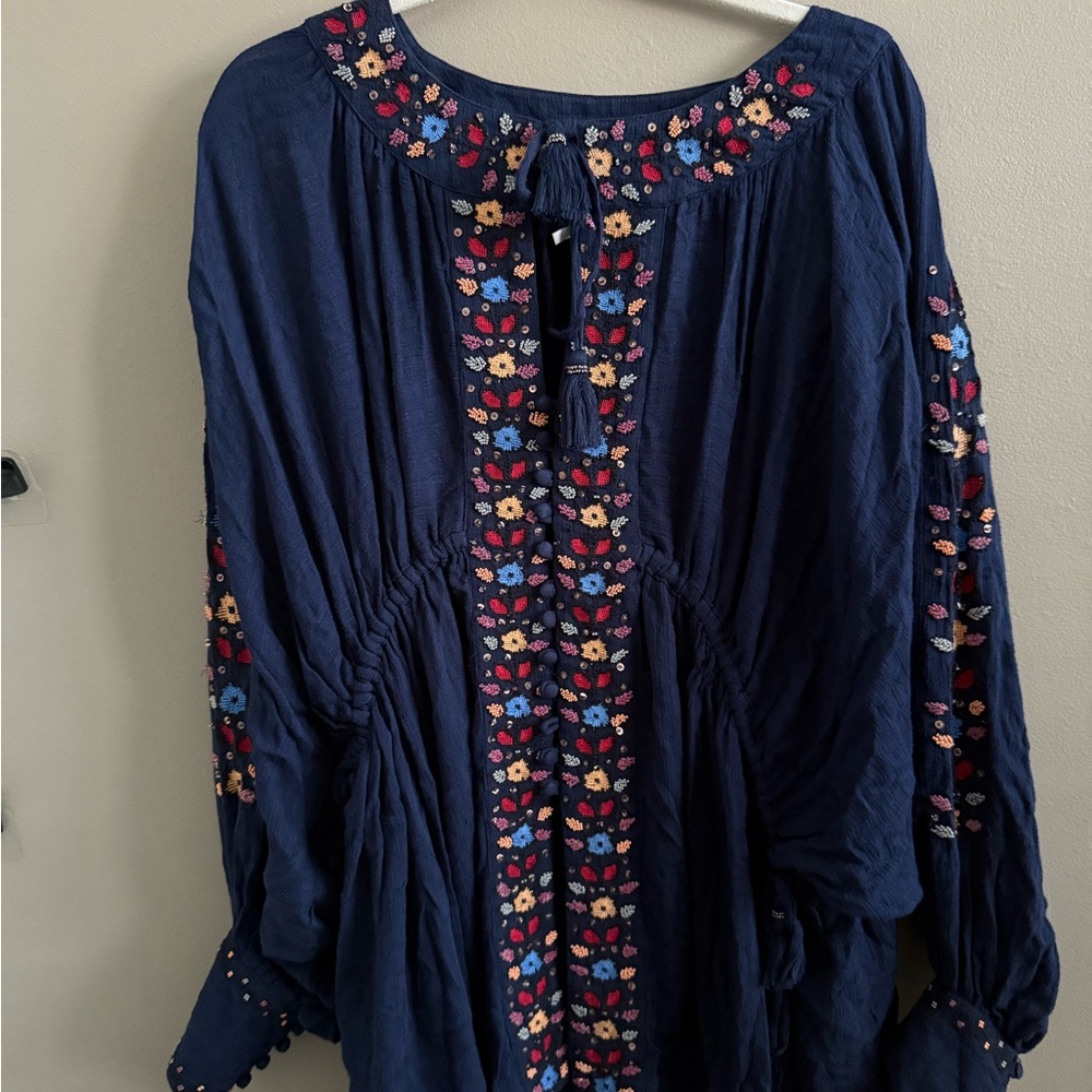 Free People Navy Blue Floral Embroidered Blouse